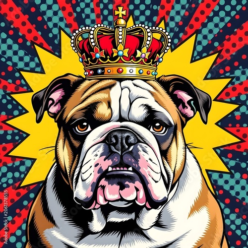 bulldog wearing a gold crown pop art style