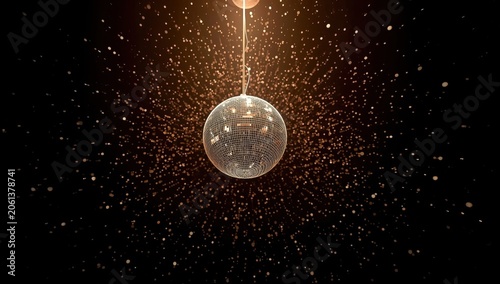 A lone disco ball dangles at the center, lit by an overhead spotlight, casting a dazzling array of light reflections.