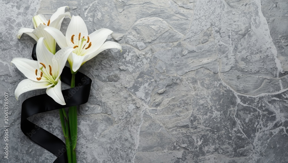 Fototapeta premium White lilies adorned with a black ribbon on a stone surface. Simple funeral theme representing sorrow, compassion, and memory. Aerial perspective with space for text.
