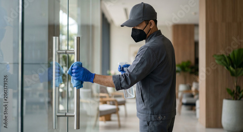 Cleaner in mask and gloves sanitizing glass door handle