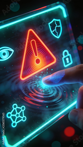 Close up of index finger scanning biometric fingerprint on glowing security screen
