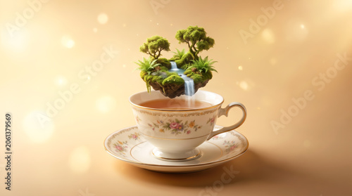 Fantasy Teacup Scene with Miniature Nature Wonderland