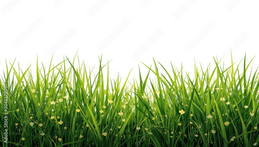 Fototapeta premium Vibrant wild grass with tiny yellow blooms set against a white backdrop, symbolizing meadow charm and lush greenery.