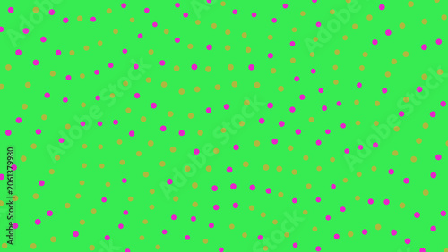 Bright green background with pink and orange polka dots