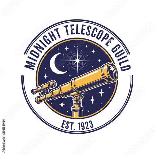 Obraz na plátně Midnight telescope guild logo with starry night sky and astronomical tool