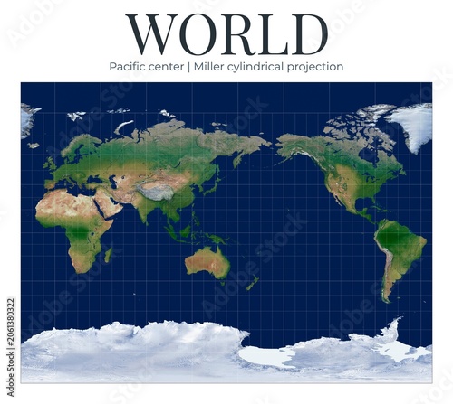 World Map. Miller cylindrical projection. Pacific center at lat 0 lon 150. Physical satellite image showing high detail topography and earth relief.