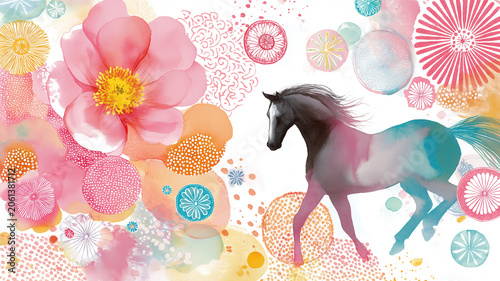 和柄を背景に力強く駆ける馬の躍動感あふれる和風イラスト、競馬、疾走感、たてがみ、優美、気品、伝統文様、装飾、華やか、動物、走る、ジャンプ、スピード感、背景素材、ポスター、広告、壁紙、アート、デザイン、インパクト、躍進、勝負運、縁起、豪華、日本風、モダン、観賞用、表紙、バナー、カード、和モダン、迫力、生命力、勇壮、スタイリッシュ、商用利用、待受画面、印刷向け、和文化、躍進祈願、和風素材、素材集、招福