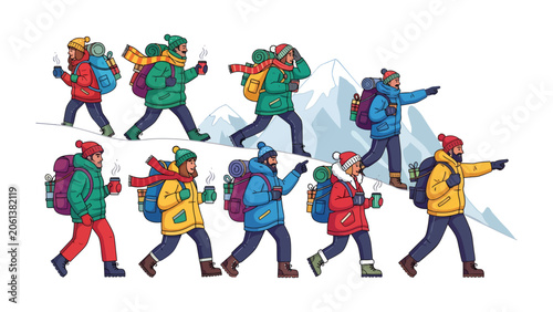 Photos Winter Expedition Group: A team of hikers in warm winter clothing with backpacks embarks on a snowy mountain journey, each step a testament to their adventurous spirit and determination