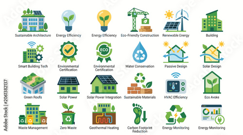 Collection of green building and sustainable architecture icons for eco-friendly design and energy efficiency.