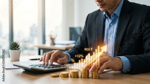 A businessman analyzes compensation fund and income using a calculator and investment growth graphics.