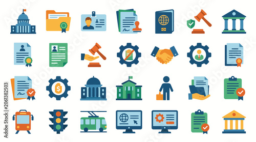 Tableau sur toile Collection of law and justice flat icons representing legal system elements