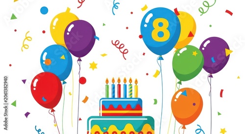 Colorful 8th birthday party celebration with cake and balloons.