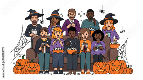 Fotografija Scared Halloween Movie Night: A diverse group of people dressed in Halloween attire, including witches and a wizard, sit on a sofa, looking terrified as they watch a scary movie
