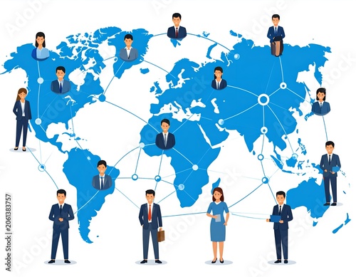 Business people standing around world map. Isometric flat vector illustration.