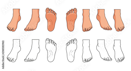 Human feet set in various poses and angles, colored and outline versions.