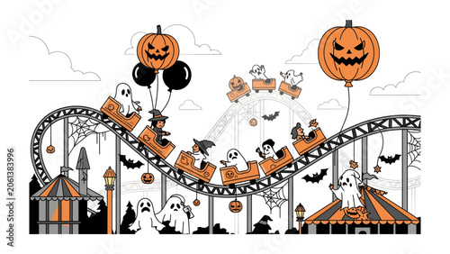 Quadro su tela Halloween Rollercoaster Thrills: A whimsical Halloween-themed amusement park scene unfolds with a spooky rollercoaster filled with ghoulish passengers and giant jack-o'-lanterns
