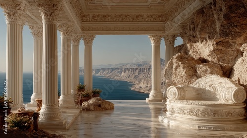 Space universe exploration, fantasy. A detailed, highresolution photograph of an opulent architectural space, likely a palace or grand hall, overlooking a vast expanse of blue sea and rugged cliffs.