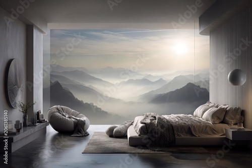 luxury minimalist bedroom with panoramic misty mountain view at sunrise, contemporary interior design, serene retreat atmosphere, elegant furnishings, floor to ceiling glass wall and tranquil landscap