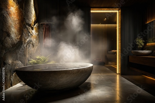 luxury spa bathroom interior with freestanding stone bathtub, dramatic rock wall, warm ambient lighting, rising steam, contemporary wellness design and elegant relaxation retreat atmosphere