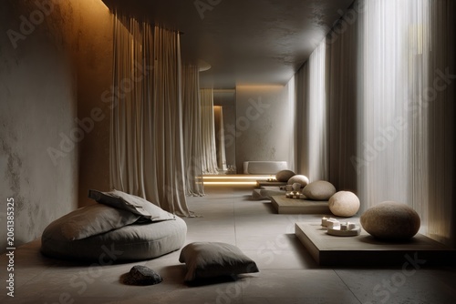 luxury spa relaxation room with minimalist zen design, soft ambient lighting, natural stone decor, elegant drapery, wellness sanctuary, tranquil meditation space and contemporary interior architecture