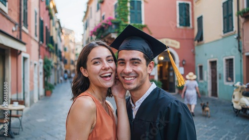 Happy couple celebrating academic success in picturesque narrow street of old italian village town.