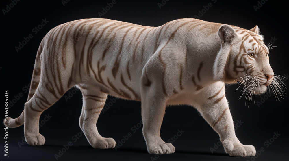 Obraz premium A full-body cream-white tiger on a black background.