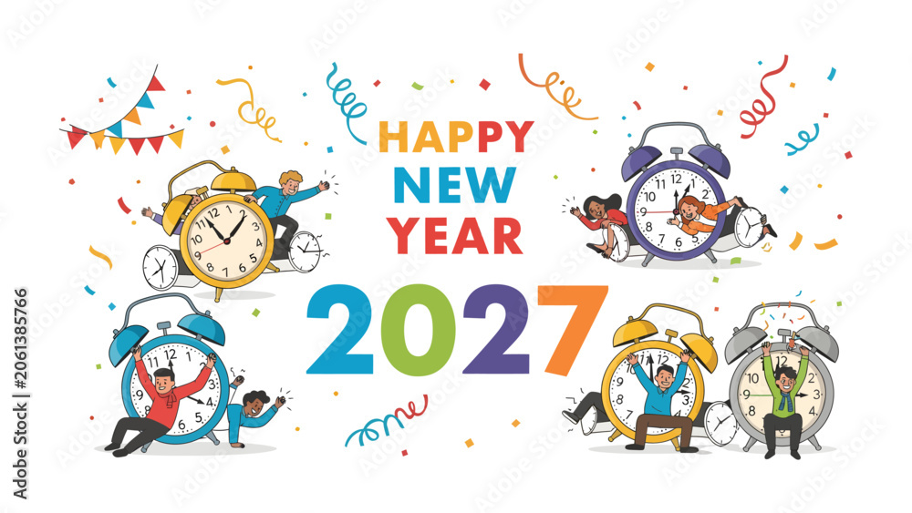 Fototapeta premium New Year Celebration 2027: Vibrant illustration depicting the excitement of New Year's Eve with people celebrating around alarm clocks, confetti, and streamers, marking the arrival of 2027.