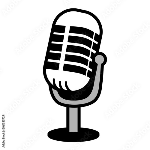 Minimalist black and white microphone icon on stand isolated vector illustration
