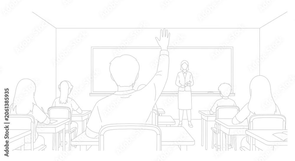 Fototapeta premium Classroom Scene with Student Raising Hand to Ask Question
