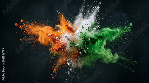 Vibrant orange, white, and green powder exploding in dark background