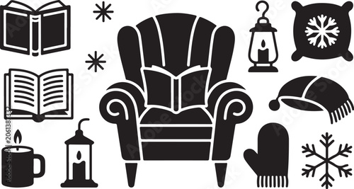 Hygge winter icons set. Cozy armchair and book vectors.