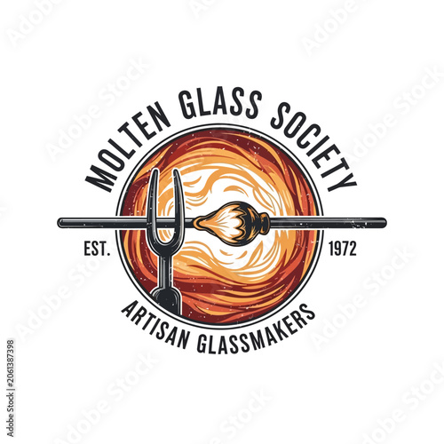 Fotografie Molten glass society logo with a glassblowing pipe and glowing orange furnace