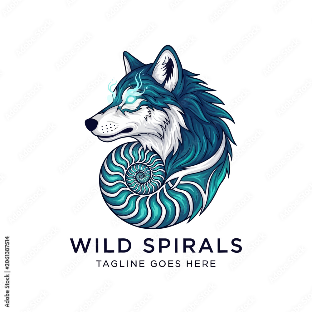 Fototapeta premium Mythical wolf head logo merged with a nautilus shell spiral on white background
