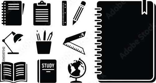 Black school stationery icons, study supplies vector set