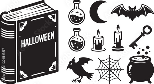 Halloween magic icons, spooky spell book, occult vector set