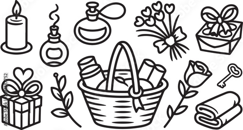 Spa gift basket icons, self care vector set, beauty kit