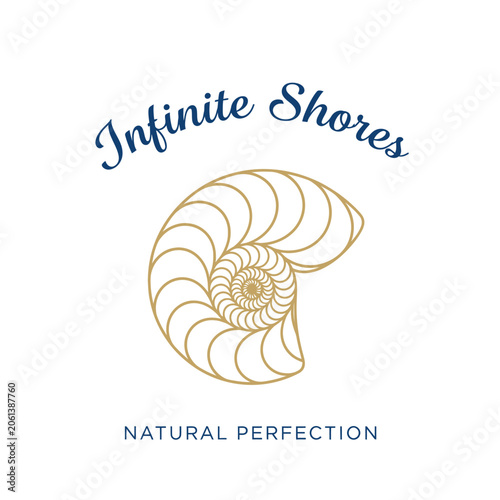 Nautilus shell logo design with gold line art and blue text on white background
