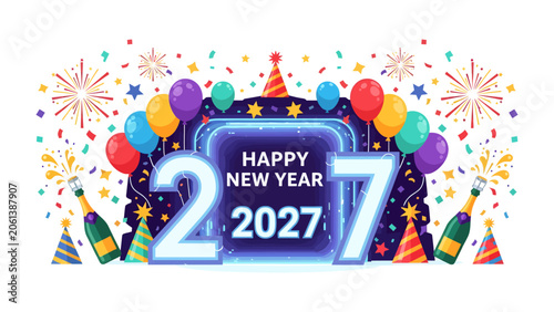 Obraz na płótnie Happy New Year 2027: A vibrant and festive illustration captures the excitement of New Year's Eve with balloons, confetti, fireworks, and champagne bottles celebrating the arrival of 2027