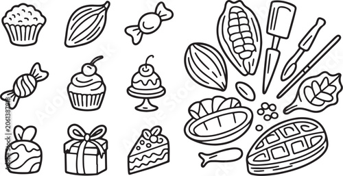 Chocolate dessert icons. Sweet food doodle vector set.