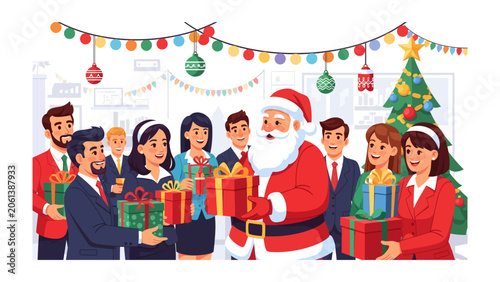Foto Santa Claus Distributing Gifts: A heartwarming scene of Santa Claus interacting with a group of business professionals