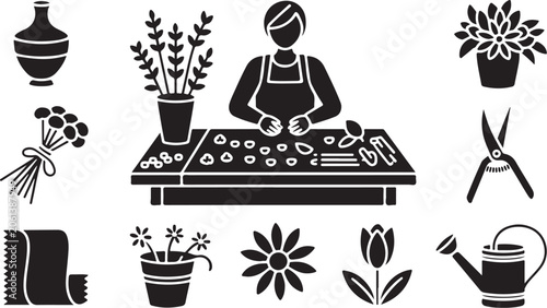 Florist icon set, gardening vector, flower shop symbols