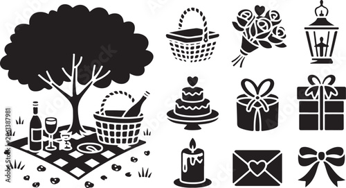 Romantic picnic icons, wedding vector set, 10 black symbols