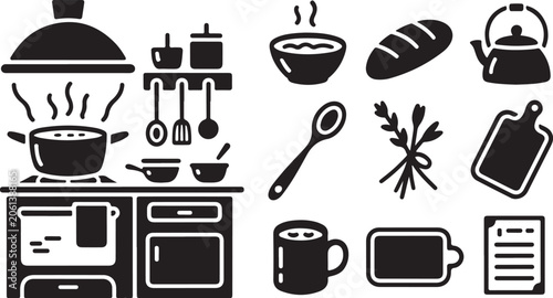 Kitchen icon set, cooking utensils, black vector symbols