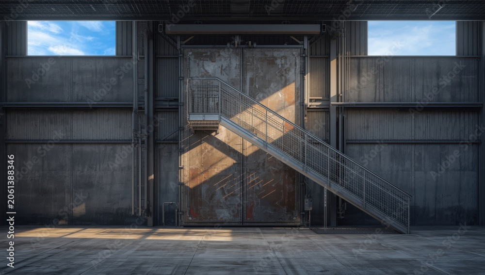 Fototapeta premium Emergency exit in spacious warehouse displays steel fire door, staircase, and handrail.