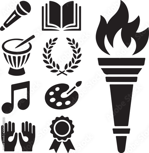 Education and arts icons, 9 black vector symbols set