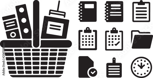 Office supply icons. Stationery basket, business vector set.