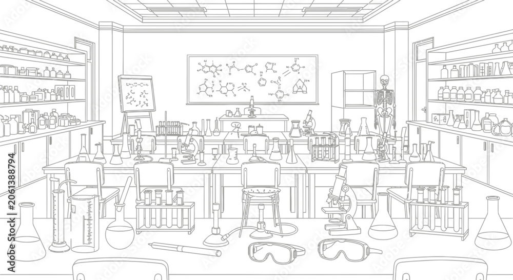 Fototapeta premium Science Classroom Laboratory Coloring Page for Kids