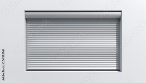 Window shut with roller blind on a white surface. Represents safety, seclusion, and contemporary design. Metal sliding shutters for windows. High-resolution image.