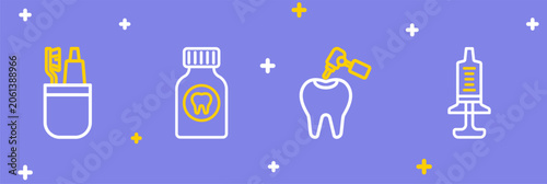 Foto Set line Syringe, Tooth with caries and drill, Toothache painkiller tablet and Toothbrush toothpaste icon