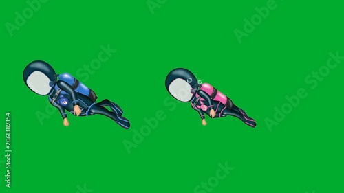 2d animation Divers exploring ocean depths together in full scuba gear kits animation on green screen. Two cartoon aquanaut characters swimming calmly in side profile layout perspective animation